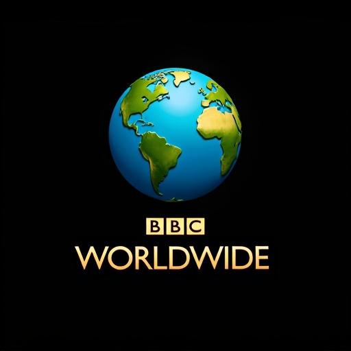 A blue and green globe on a plain black background. Golden 'BBC WORLDWIDE' text underneath the globe. Professional logo design representing global outreach.