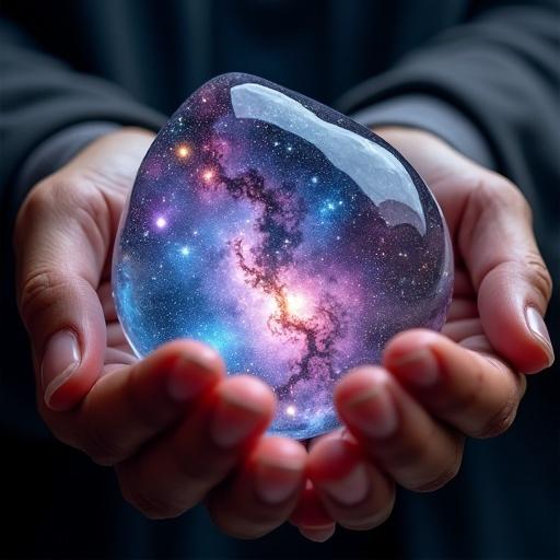 Close-up of two hands cradling a polished crystal stone. Inside the crystal, a miniature universe with swirling galaxies and stars. Vibrant cosmic colors of blue, purple, pink, and gold. Detailed skin texture and natural lighting, casting a magical glow. Dark blurred background highlights the crystal's brilliance.