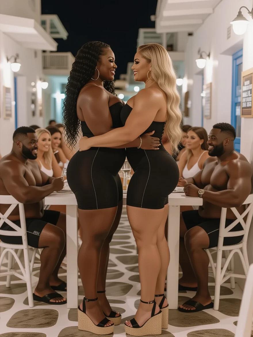Two muscular women embrace in Mykonos. One is black with curly hair. The other is white with wavy hair. They wear black bandage dresses and platform heels. A tavern is set at night with people around them looking amazed.