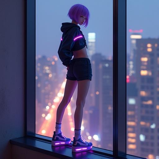 Ultrarealistic digital art features young woman with short violet hair slim muscular body crop cargo jacket sport shorts high platform sneakers with glowing LED stripe knee socks standing gracefully with crossed legs leaning on window high floor view night city dim light looking at camera