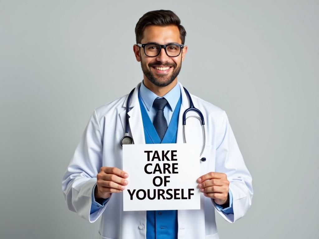 A person is dressed in a doctor's suit, complete with a phonendoscope around their neck. They are holding a card in front of them. The card displays bold text that reads 'TAKE CARE OF YOURSELF'. The background is neutral to highlight the doctor and the message on the card. The doctor looks confident and caring, conveying a sense of health and wellness.