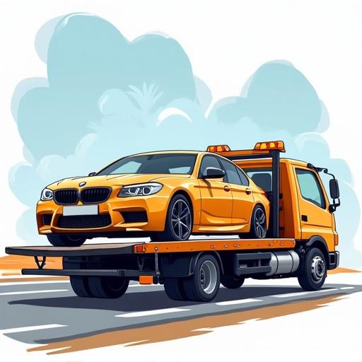 Cartoon style illustration of a tow truck with a BMW car on the flatbed. Bright and colorful design. Diagonal view emphasizing commercial use.