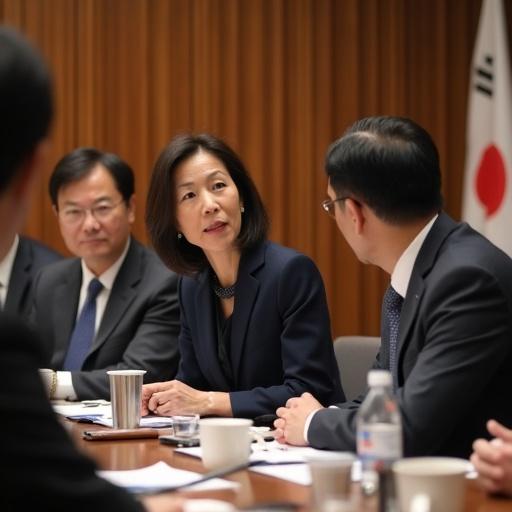 Taiwan's leader is in a meeting with political advisors and foreign affairs personnel discussing responses to military threats from China and seeking external support.
