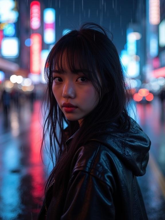 Portrait of a beautiful girl at night in a cyber city. Neon lights illuminate the street while rain falls. The girl looks back, highlighting her features.
