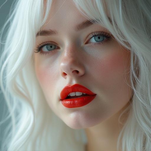 Stunning portrait of a beautiful woman with white hair and red lips. Close-up shot highlighting features. Soft focus effects enhancing beauty.