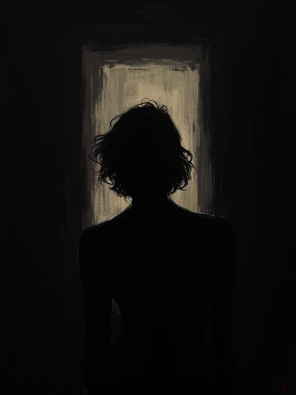 digital oil painting of a silhouette within a silhouette. black background with rough edges. incomplete illustration with harsh brush strokes.