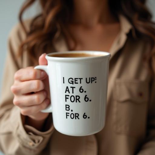 Lifelike image of coffee cup held by a woman. Text on cup reads 'I GET UP AT 6. B. FOR 6'.