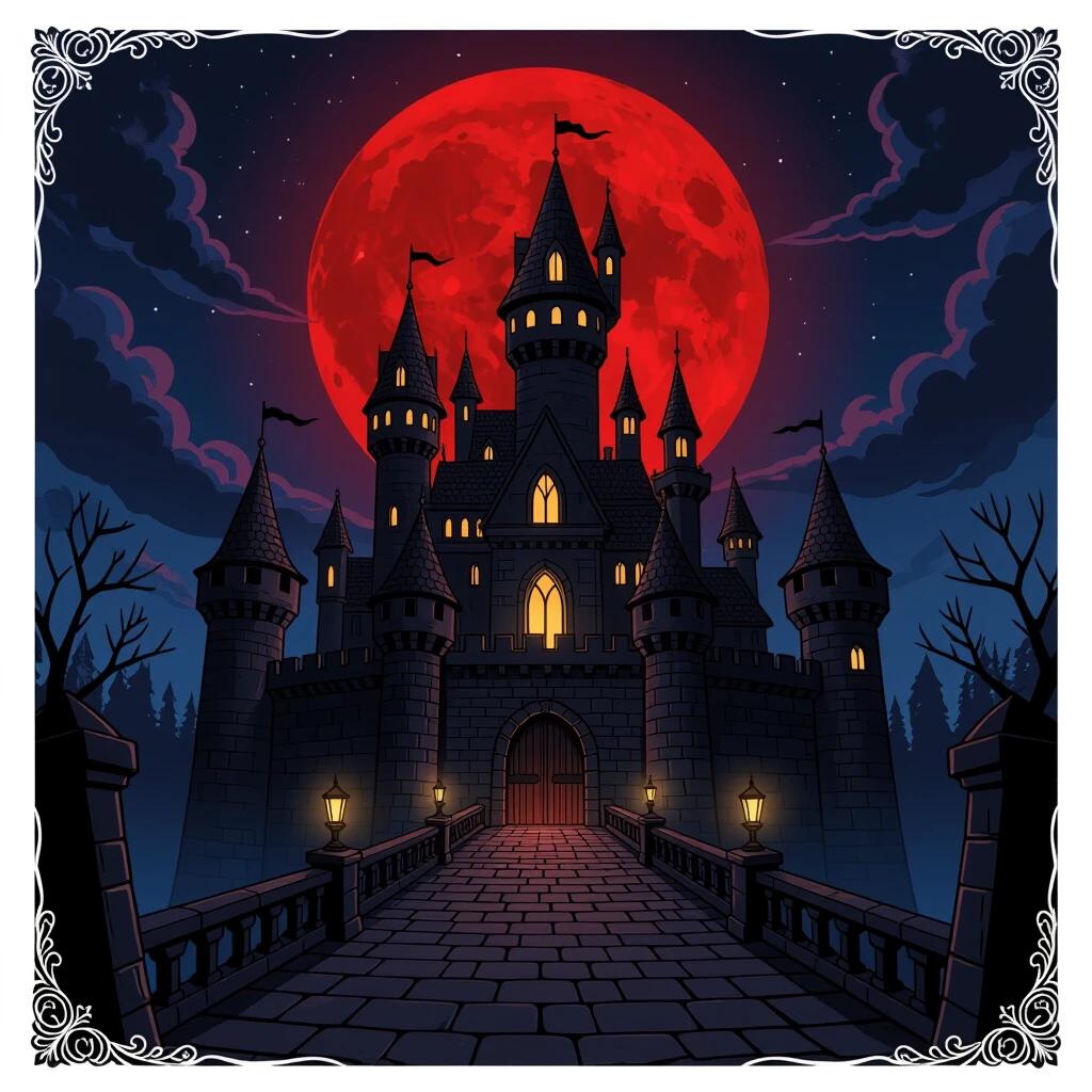 Dark castle background features large floor space. Portrait orientation with detailed anime inspiration. Night scene illuminated by a blood moon.