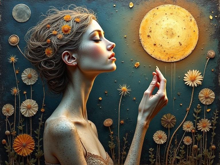 A profile of a woman beside a large sun textured with mixed media elements. The artwork blends oil painting and collage techniques. Features flowers and celestial objects. Textures include jute fibres, glittering confetti, and sand. Evoke a magical atmosphere.