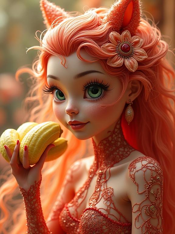 Hyperdetailed character with red hair wearing lace with flower. Holding bananas in hand. Background with soft colors and bokeh effects.