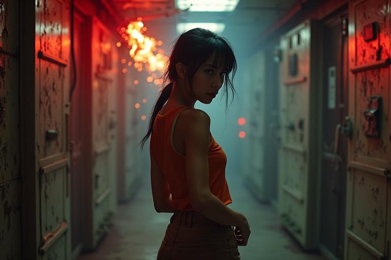 Ultra-realistic cinematic interior of a damaged spacecraft corridor with a woman in an orange sleeveless shirt looking back in fear. The atmosphere is dark and tense, filled with sparks and swinging wires.