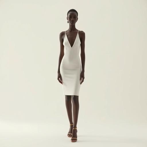 Woman stands gracefully in a light, form-fitting dress. She wears strappy high heels. The background is a soft, neutral color. The lighting is soft. The focus is on her outfit.