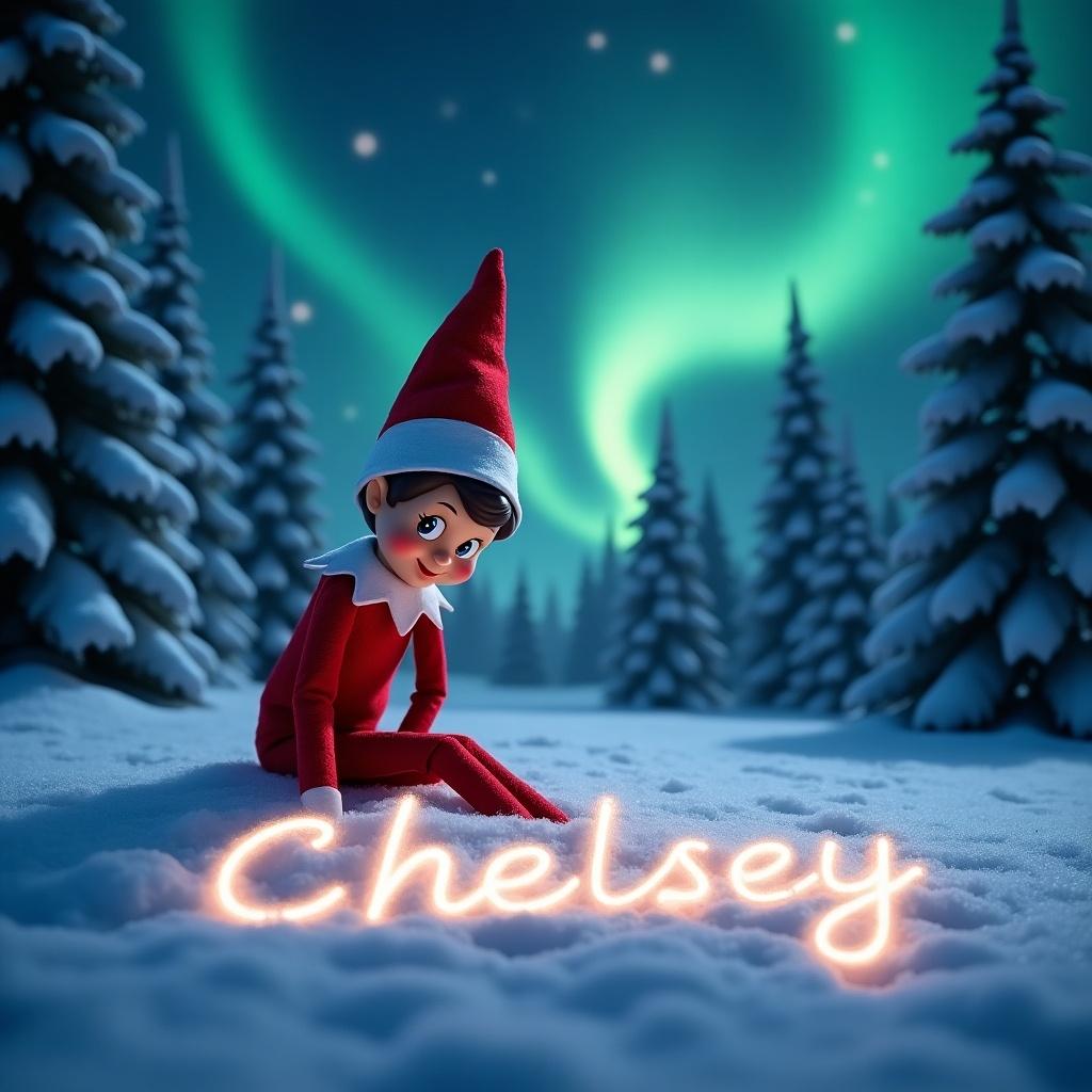 Animated elf seen sitting in the snow. Elf wearing classic red outfit. Elf writing name 'Chelsey' in snow. Name beautifully crafted in cursive. Name illuminated and magical. Backdrop features serene night sky with vibrant northern lights. Snow-covered pine trees frame the scene.