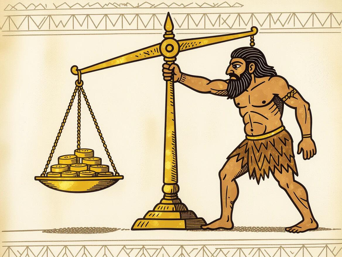 Caveman-style scene features a balance scale heavily tilted to one side with gold coins. A person attempts to balance it. The background is white and resembles ancient wall carvings.
