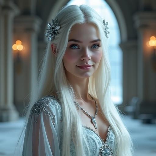 Adult woman with long platinum blonde hair wearing an icy crystal ornament. She has a gentle maternal smile and calm demeanor. Her skin is porcelain smooth and features are delicate. The gown is ethereal with translucent icy fabrics. The setting is a grand candlelit dining hall with arches and stone columns. The atmosphere is warm yet cool, creating a magical feel.