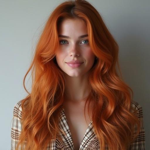 Image of a woman with long, vibrant orange hair and clear skin. She is smiling and facing the camera, wearing a stylish checkered top.