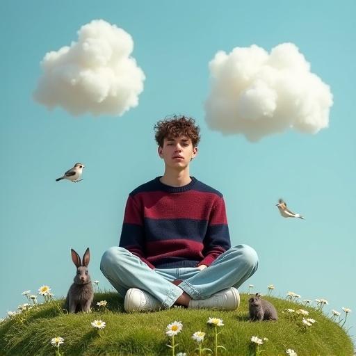 Whimsical fashion editorial featuring a dreamy male model. Miniature grassy hilltop dotted with daisies. Model wears relaxed-fit designer sweater, light-wash baggy jeans, and white sneakers. Delicate features with natural makeup. Soft gaze under a blue sky with cotton-like clouds. Grey rabbit and tiny bird nearby. Scene blends childhood fantasy with fashion. Soft lighting and playful colors.