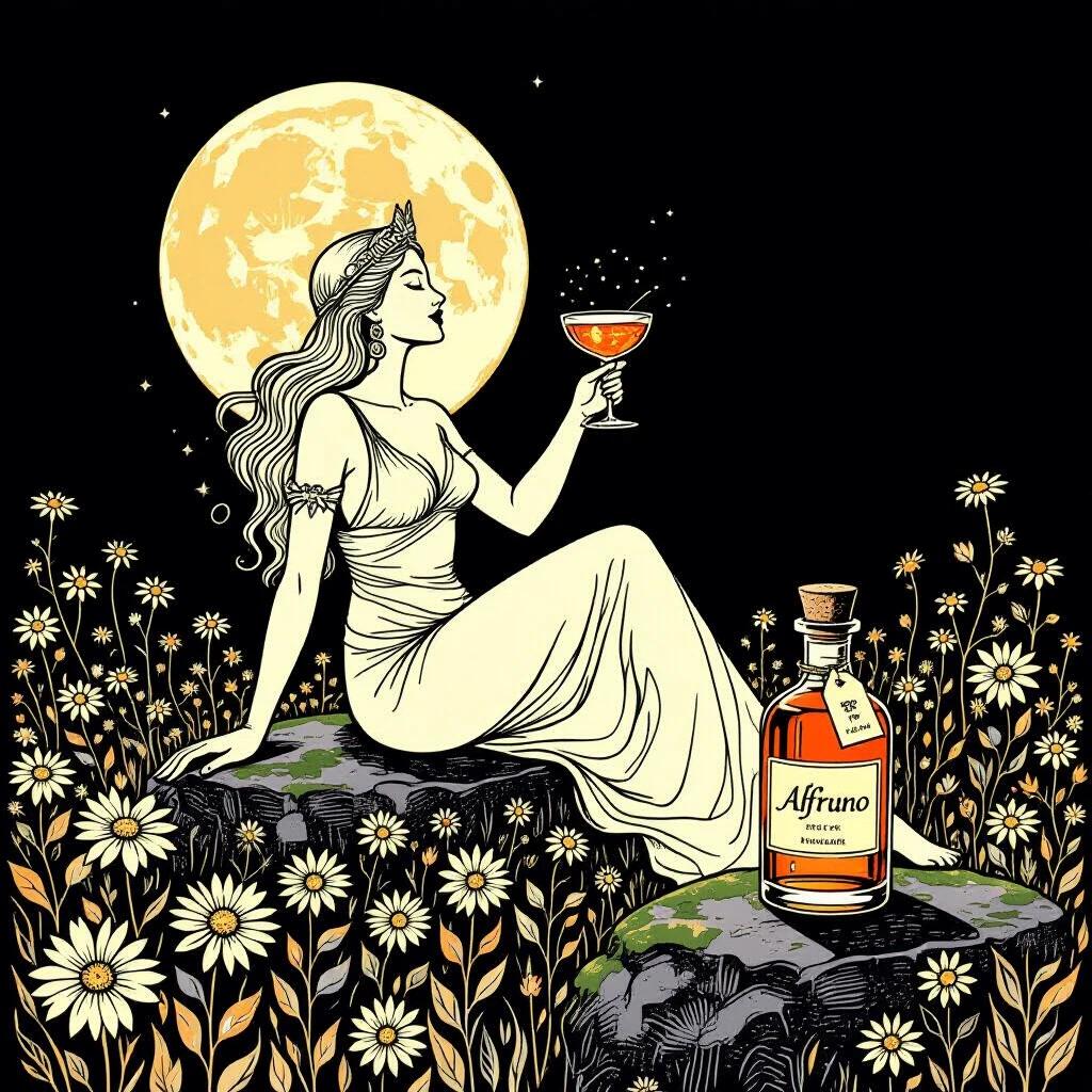 Minimalist line art drawing features a distorted Venus goddess. She sits in a wildflower field. Offers a cocktail toast to the moon. Nearby, an apothecary bottle labeled 'ALFRUNO' glows softly. Emphasis on black outlines against a deep indigo background. Inspired by zen art and Aubrey Beardsley.