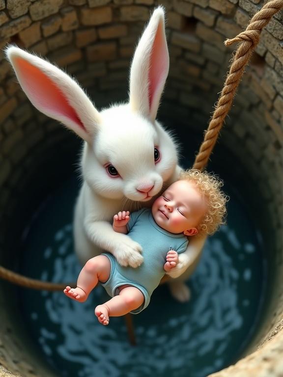 A large white rabbit is in an old stone well. The rabbit pulls on a thick rope with one paw while holding a calm baby with curly blonde hair in a light blue onesie with the other. The camera angle shows the well from above. The rabbit looks up as they ascend from the water, creating a scene of care and companionship. The atmosphere feels warm and surprising.