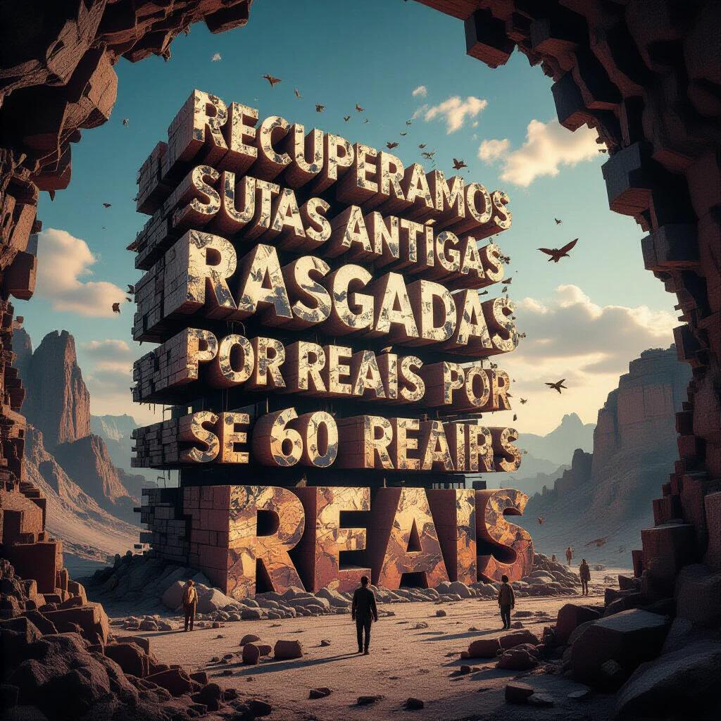 An imaginative 3D landscape featuring colossal typography promoting photo restoration. Text reads 'RECUPERAMOS SUAS FOTOS ANTIGAS RASGADAS POR 60 REAIS'. The landscape is rich in dramatic elements with living letters and a nostalgic theme.