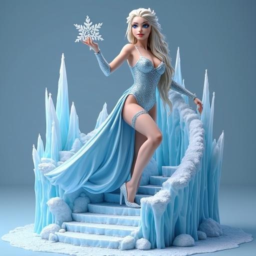 Ultra-detailed, seductive Ice Sorceress collectible figure. Climbing an ornate, incomplete ice staircase. Long blonde hair. Ice-blue eyes. Sparkly whitish-blue dress. Tight and elegant outfit with leg slits. High heels and crystal jewelry. Holding a snowflake. Decorated with snow textures and ice towers. Ideal for resin printing.