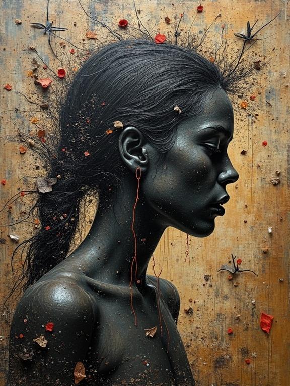 Portrait of a woman with mingling textures and materials. Profile view showing stunning details. Dark color palette with collage elements like wood and fabric. Mixed media artwork. High resolution.