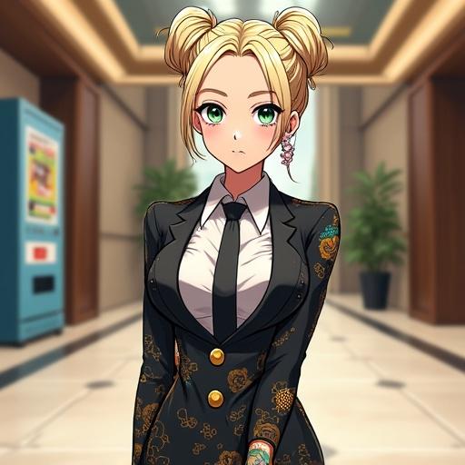 Anime character in futuristic business suit. Woman with emerald green eyes and light blonde hair. Elegant design with tattoos. Inside modern luxurious lobby of Kamakiri Industries. Summer setting with a vending machine.