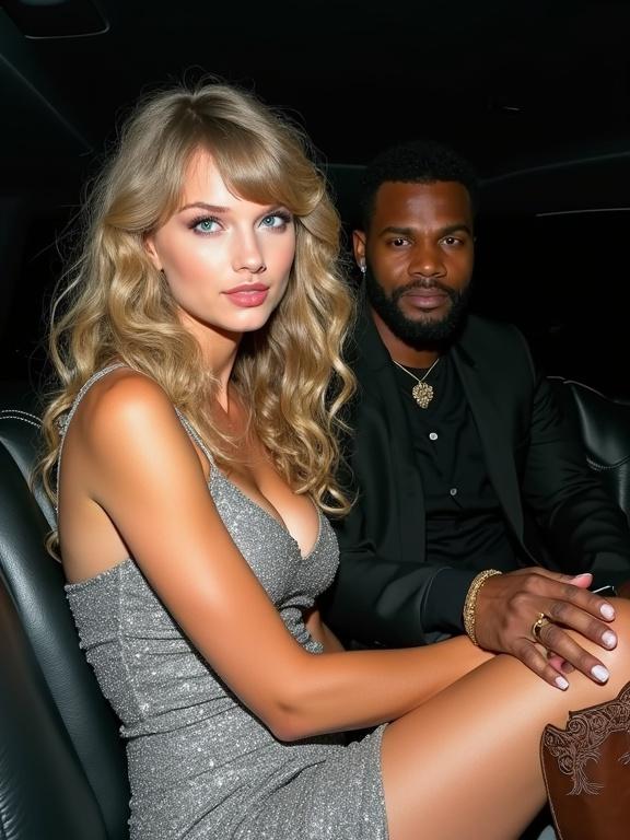 Couple in a luxurious limousine after an event. Woman with long blonde curls and a sparkly silver dress. Older black man next to her. The woman looks intoxicated and disheveled. Close seating position, soft lighting.