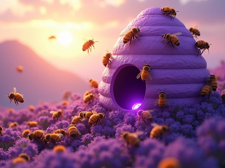 A surreal scene features a purple glowing beehive. Bees with orange and purple stripes swarm around it. The hive glows softly. The texture and shading create a realistic appearance. Bees fly in and out through the opening. The background shows a beautiful sunrise with light yellow to orange colors. Purple clouds accent the sky. The setting is tranquil and magical.