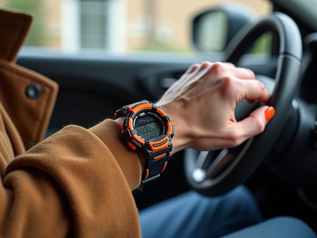 A person is sitting inside their car, showcasing their wrist with a sporty digital watch. The watch has a rugged design with an orange and black color scheme, displaying a digital readout that includes the time and other functionalities. The individual is wearing a tan coat, and the interior of the vehicle can be seen in the blurred background. There are hints of a residential building outside the car window, indicating a suburban area. The focus of the image is on the watch, demonstrating both style and functionality.