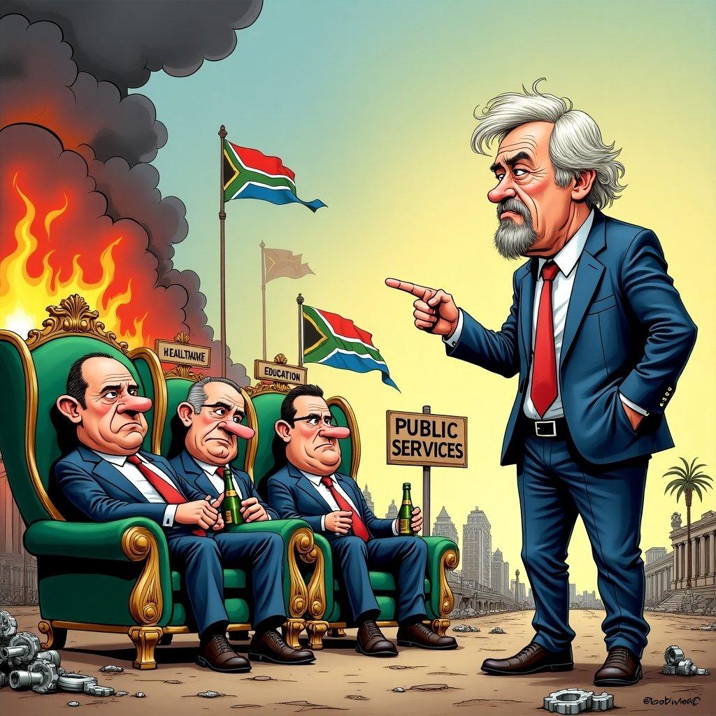 A satirical cartoon depicts Rob Hersov on the right side, pointing at a group of lazy bureaucrats. He has exaggerated features and a concerned expression. The bureaucrats have large bellies and sleepy faces, lounging in plush chairs labeled 'Public Sector Wage Bill.' Surrounding them are piles of money and luxury items. The background shows South Africa burning with smoke and flames, with signs for 'Healthcare,' 'Education,' and 'Public Services.' The cheerful South African flag is partially aflame. The scene uses bold outlines and bright colors to illustrate chaos.