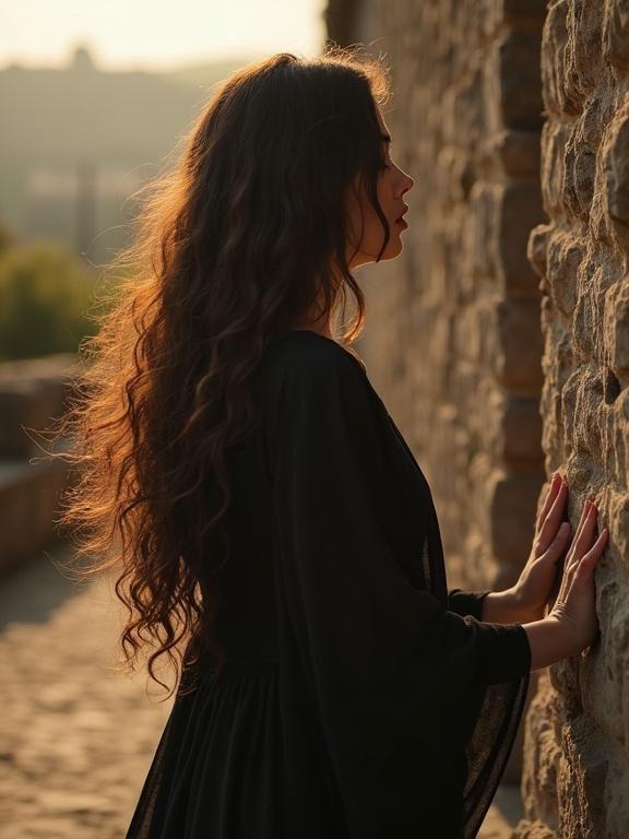 Woman with thick long dark brown wavy hair stands with back to camera looking away into the distance. One hand rests on an old stone wall beside her. Wearing flowing dark dress. Hair moving softly in the wind. Corner of an ancient stone house. Soft golden lighting. Cinematic perspective. Emotional solitude and ethereal atmosphere. High quality and detailed.