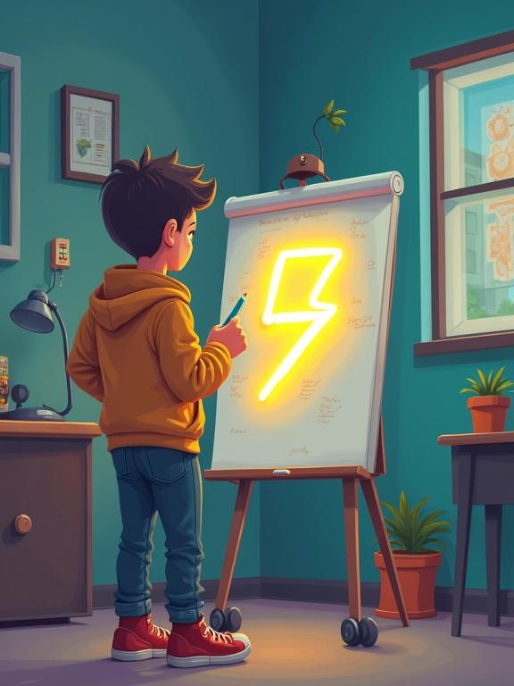 Cartoon style image depicting a student in a yellow hoodie. Student is standing in front of a flip chart with a glowing lightning bolt drawn on it. The room has a bright turquoise color scheme with plants and a desk. The student holds a pen and is focused on the drawing.