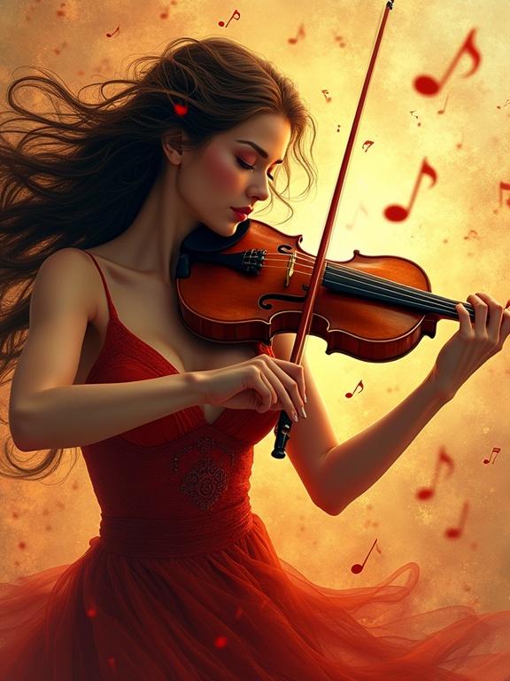 Illustration depicts a beautiful female virtuoso playing violin with passion. Musical notes swirl around her, highlighting her connection with the art. The scene showcases her emotional depth and performance power. Artwork focuses on photorealism and dynamism.