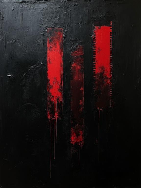 Digital oil painting with a black background. Harsh paint strokes and cubist elements present. Features flat colors and dynamic silhouettes. Minimalist style with repeating voids shaped like film negatives. Shadows combine with cubist edges resembling film strips. Art is torn and broken.