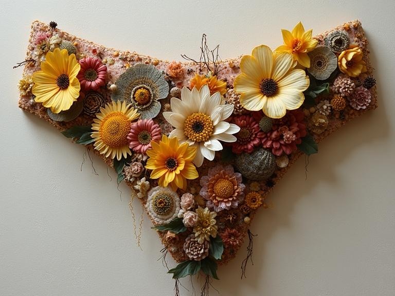 3D art featuring exotic labia design with mixed media elements. Incorporates fabric, dried flowers, bananas, shells, threads, yarns, encaustic wax, and oil. Showcases detailed textures and colors.