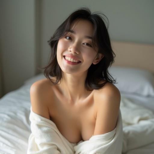 Elegant East Asian woman lounges gracefully on a bed. Surrounded by soft lighting and minimalist fashion. Her expression radiates joy and serenity.