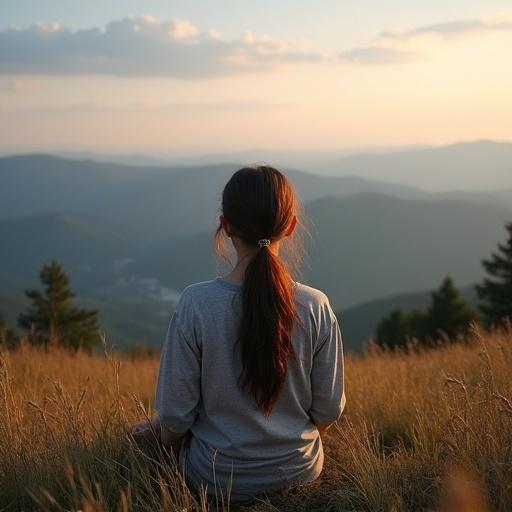 A girl sits on a hill looking forward towards the sunset. The landscape features rolling hills and a serene atmosphere.