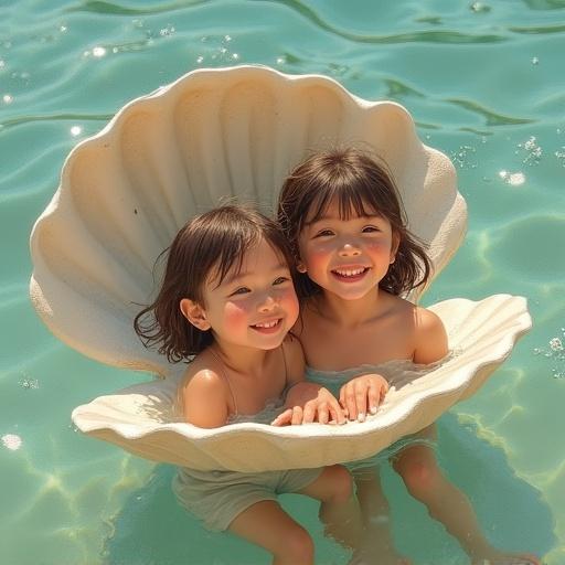 Girls bathing in a clam shell on a sunny day near water. Light reflections shimmer over the water surface. A swim shell cradle supports them while they smile. Soft lighting enhances the joyful moment.