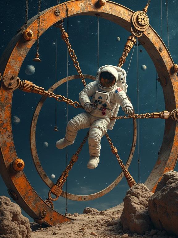 An astronaut meticulously working on a gigantic cosmic clock mechanism. The gears look like planetary rings with comets as hands. The astronaut is suspended by a complex pulley system. Holographic constellations animate around. The workshop contains tools for manipulating dark matter and energy, and jars with different times as fluids of various densities and colors.