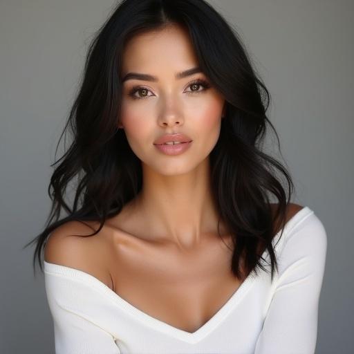 Realistic photo of a woman with dark hair in a clean white top. Focus on her face, shoulders, and upper chest. Smooth, glowing skin with natural makeup. Expressive dark eyes and wavy dark hair. Soft, natural lighting with realistic shadows. Greyish background, minimalistic and modern. High-end beauty advertisement style.