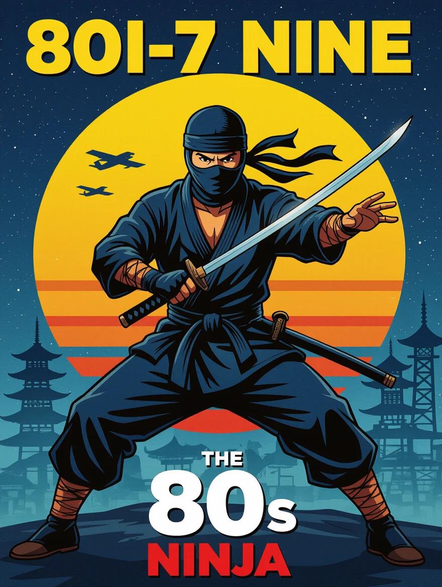 Action movie poster features ninja warrior wielding katana. Bright sunset sets behind iconic Asian architecture. Retro 80s vibe encapsulated. Bold typography highlights title and theme. Character dressed in traditional ninja attire. Dynamic pose conveys energy and motion.