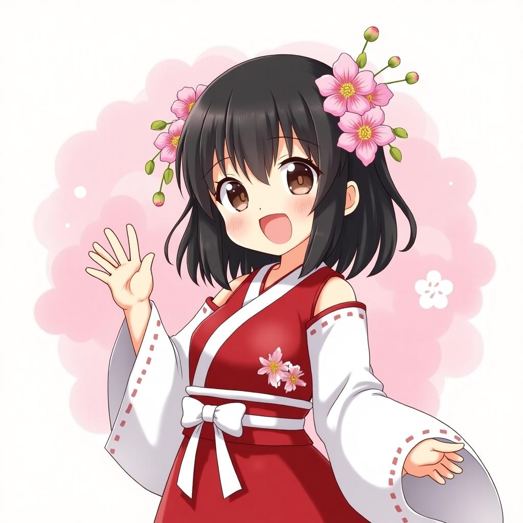 Anime-style illustration of a cheerful young girl with dark hair. She has cherry blossoms in her hair. Wearing a traditional red and white outfit. Waving energetically. Background has soft pastel colors of pink and white.