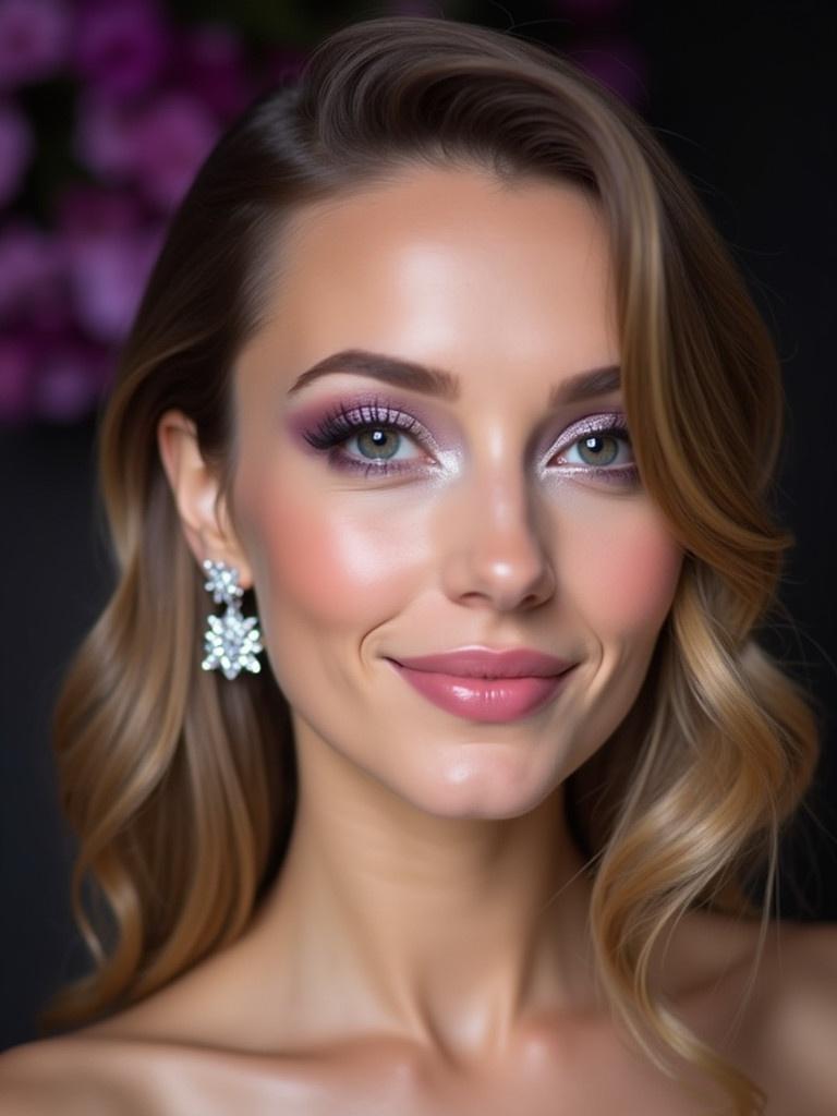 Portrait shows a young woman with light brown hair and soft waves. She wears sparkling diamond earrings and has striking makeup with purple eyeshadow and pink lipstick. The background features dark and light purple shades. The lighting is soft and diffused, highlighting her features.