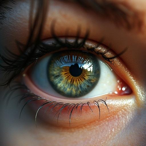 Close-up view of a person's eye. Detailed iris with striking colors and textures. The image shows eyelashes and reflections in the eye.