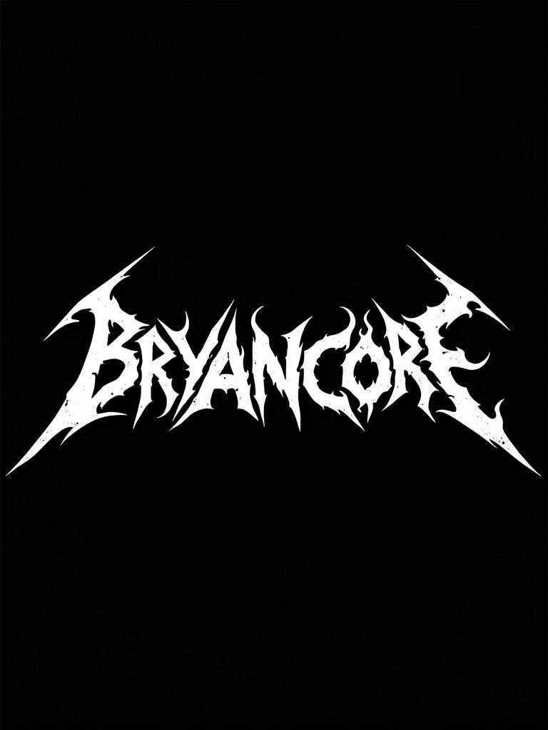 Black background with white metalcore font text reading BRYANCORE. The font has sharp edges and a fierce style. Text design is energizing and aligned in the center.