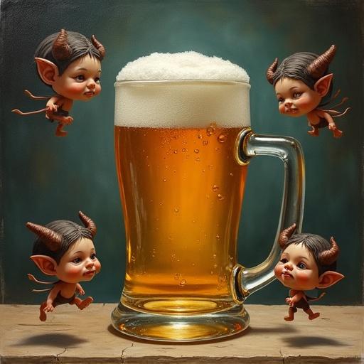 A glass mug filled with beer on the left side. The mug is cold with condensation. Five small demon dolls hover around the mug. The setting highlights fantasy and whimsy.