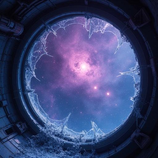 Interior view from rocket ship window showing a cracked glass revealing a nebula. Digital painting in cosmic surrealism style features glowing stars spilling through fractures. Dominant colors are deep purples and icy blues with eerie ambient light.