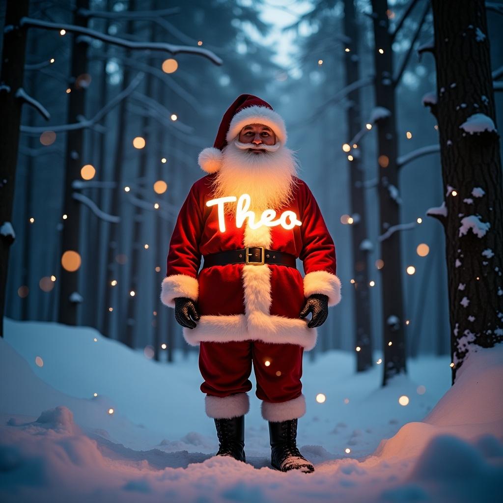 Magical Santa Claus figure in snow-covered forest. The name Theo shown in glowing lights.