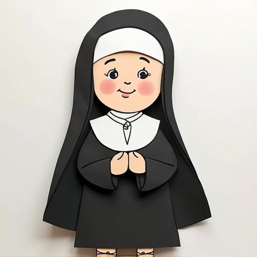 Cut out and create a paper puppet depicting a cute, childlike nun in a hand-drawn style. Focus on simplicity and appeal for children.